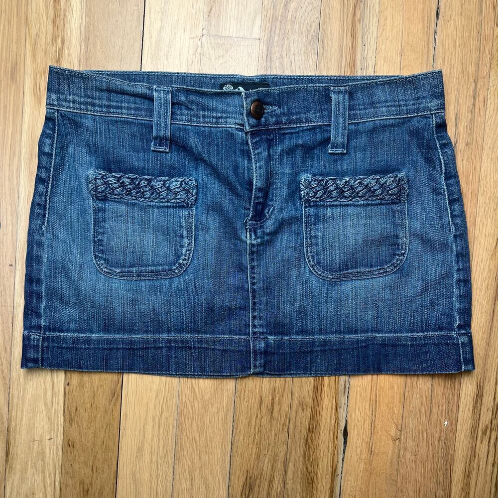 Anlo Women's 27 Micro Denim Mini Skirt Y2K Low Rise Dark Wash Front Pockets